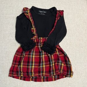 Ruffle Butts Remington Plaid Ruffle Strap Skirt & Black Ruffled Long Sleeved Tee